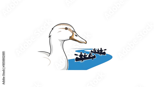 A white goose watches canoes navigate a winding blue river