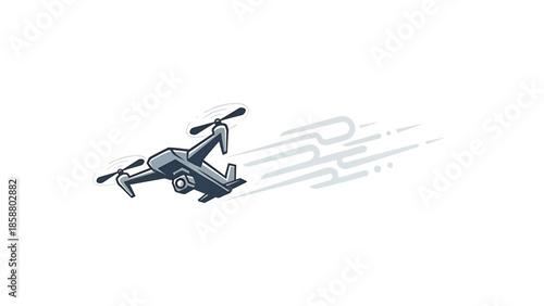 A stylized, gray quadcopter with spinning rotors moves swiftly, trailing dynamic motion lines
