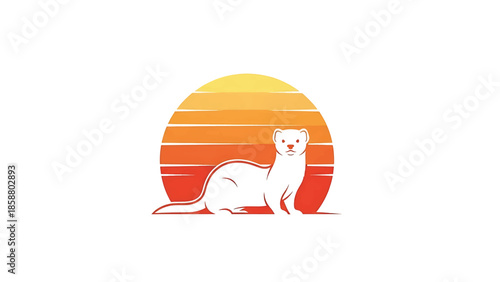 Minimalist white ferret silhouette against a gradient sunset circle