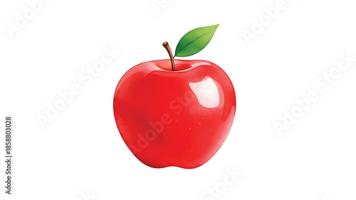 A shiny red apple with a green leaf and stem sits against a white background