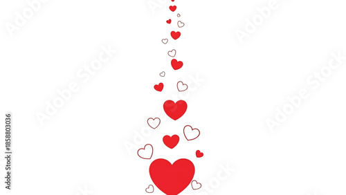 A vertical stream of red and outlined hearts of various sizes drifts upwards on a white background