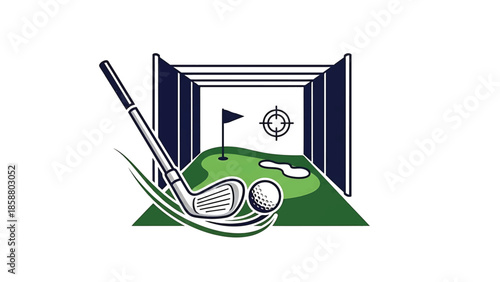 Golf club, ball, flag on green, bunker, and target