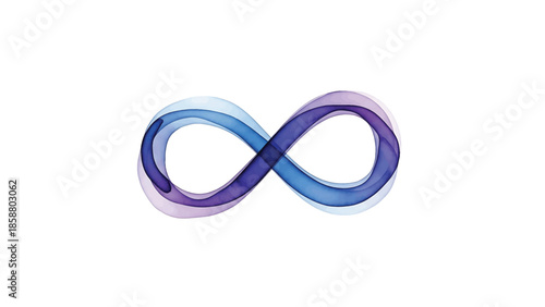 A stylized infinity symbol with flowing, translucent watercolor-like bands in shades of blue and purple