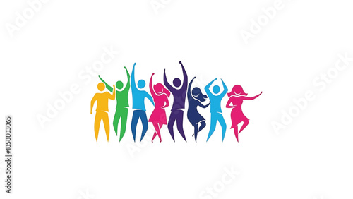 A group of colorful, abstract figures dance joyfully together