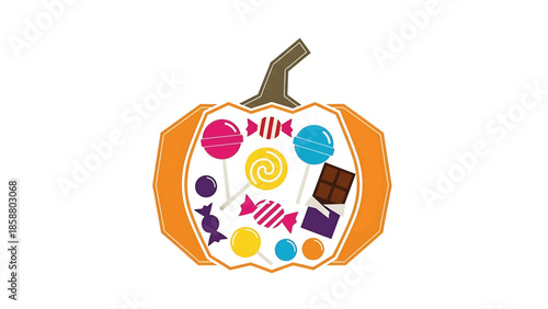 A cartoon pumpkin filled with colorful candies and a chocolate bar