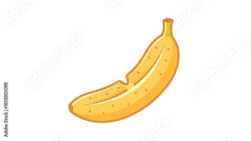 A bright yellow cartoon banana with a split skin and brown spots on a white background