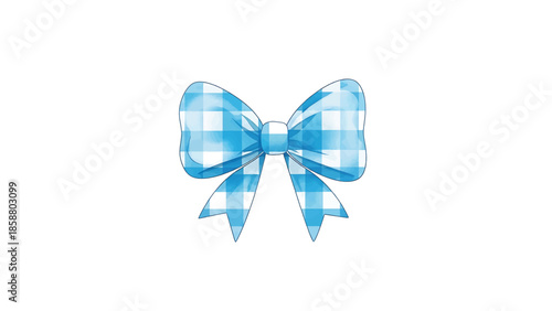 A blue and white checkered bow with flowing tails is centered on a white background