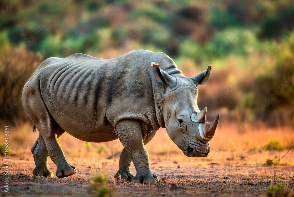 Fototapeta premium Rhinoceros walking through a sun-drenched, arid African savanna landscape