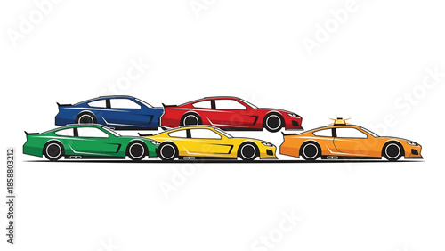 Five colorful, stylized sports cars lined up, including a yellow taxi