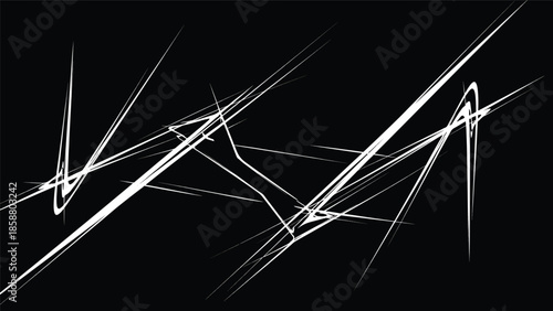 Abstract chaos of sharp, thin white lines intersecting on a black background, creating dynamic, angular shapes
