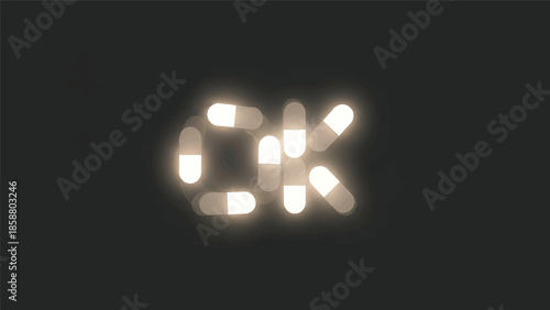 Illuminated capsule shapes form abstract letters on a dark background