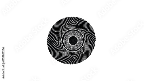 A striking black and white radial design with intricate swirling lines forming concentric circles