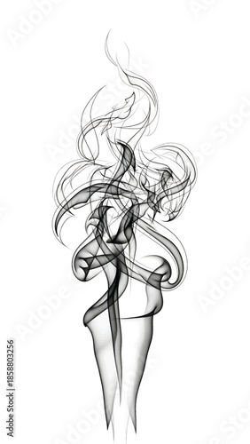 Wispy black smoke curls and intertwines against a stark white background, creating an ethereal, abstract form
