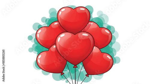 A cluster of shiny red heart-shaped balloons floats against a backdrop of soft teal circles