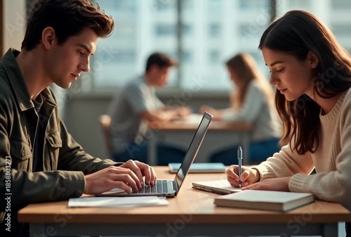 Students collaborating on project in modern library
