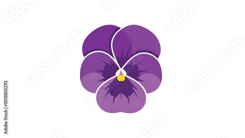 A stylized purple pansy flower with a yellow center on a white background