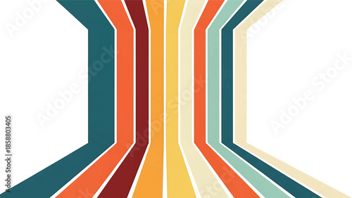 An abstract background featuring stylized, parallel lines in retro colors receding into white space