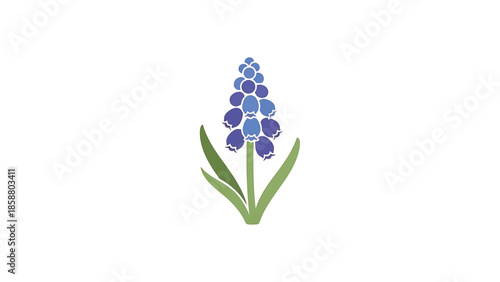 A stylized graphic depicts a cluster of bluebell-like flowers on a white background