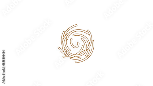 Abstract, brown, swirling lines create a circular pattern resembling a nest or whirlpool on a white background