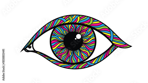 A stylized eye with a black pupil and iris filled with colorful wavy lines