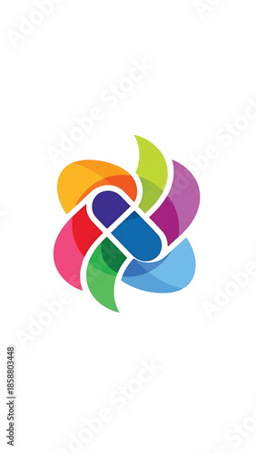 A colorful, abstract circular design resembling a pinwheel with intertwined segments