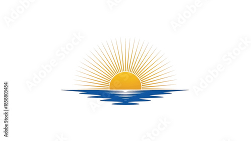 A radiant sunburst rises over rippling blue water