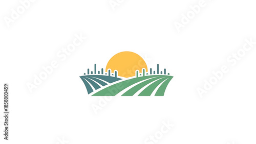 Stylized landscape with rolling fields, a sun, and abstract city skyline