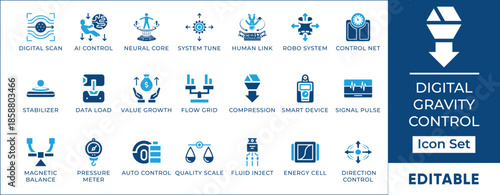 Sci-Fi HUD and Industrial Telemetry Vector Glyph Icons. Advanced physics control set featuring gyroscope, haptics, quantum dynamics, stabilizer, and automation UI symbols.