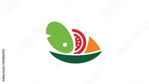 Abstract arrangement of sliced fruits green kiwi, red tomato, orange slice