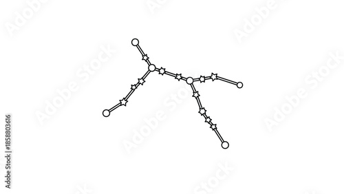 A stylized, black and white line drawing of a constellation or network with circular nodes and star-shaped connectors