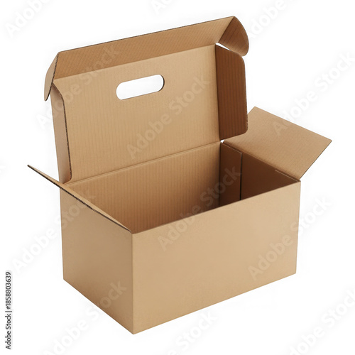 Open cardboard box with handle isolated on transparent background