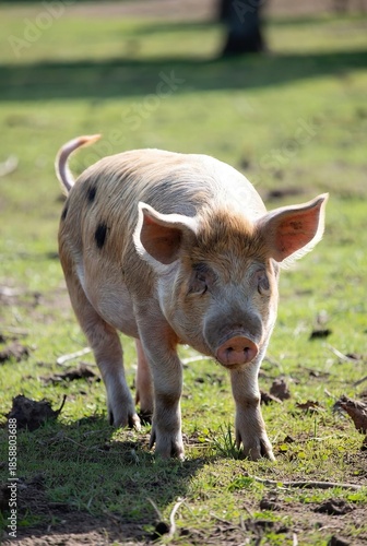 Young spotted pig with a curly tail walks across a sunny green grassy field