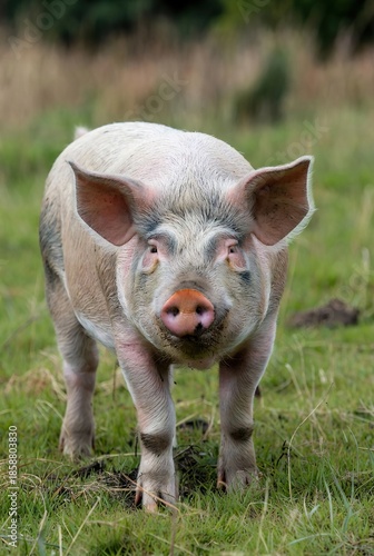 Close-up front view of a dirty domestic pig standing in a green grassy