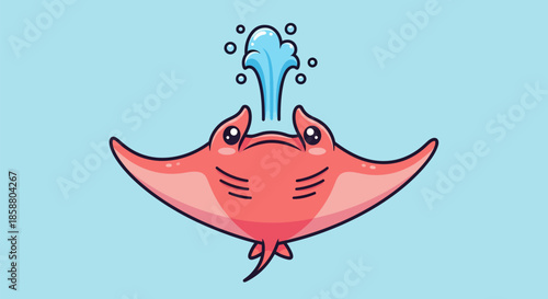 Cute Pink Manta Ray Spouting Water Cartoon.