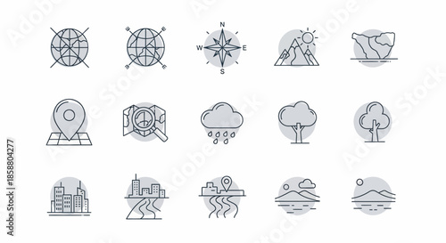 Set of outline icons representing various environmental and geographical concepts.