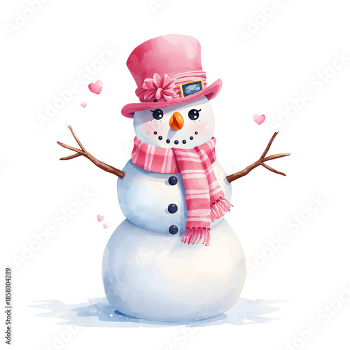 Snowman Wearing a Pink Hat and Scarf With Hearts in a Winter Scene