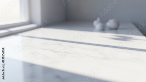 Bright, blurred kitchen counter with decorative objects catching sunlight