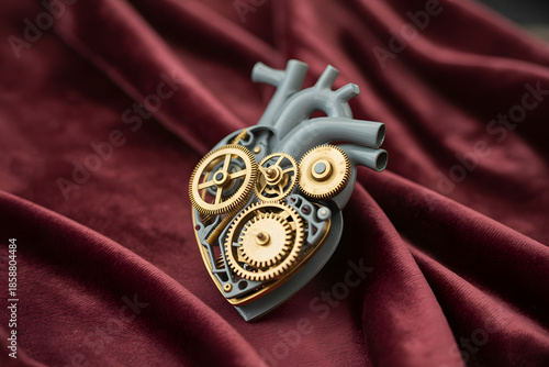 Steampunk Heart with Gears on Burgundy Velvet Fabric