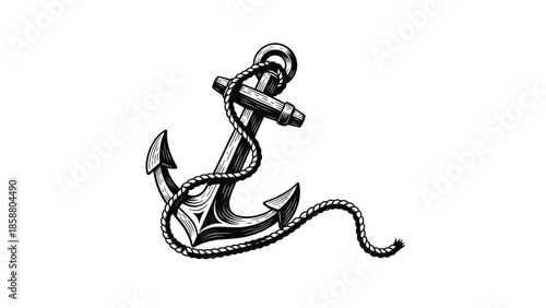 A detailed black and white illustration of a classic nautical ship anchor