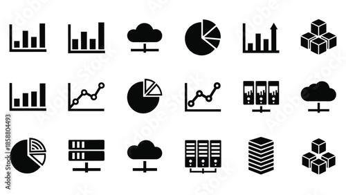 Collection of black data analytics and business intelligence icons in a grid