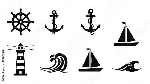 Nautical elements a ship s wheel anchors lighthouse waves and sailboats
