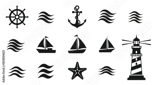 Nautical elements ship wheel anchor waves sailboats and lighthouse illustration