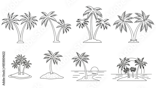 A collection of stylized palm tree illustrations in black and white