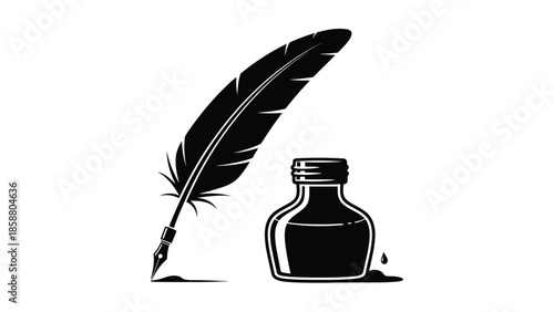 A classic illustration of a quill pen and an ink bottle vintage style