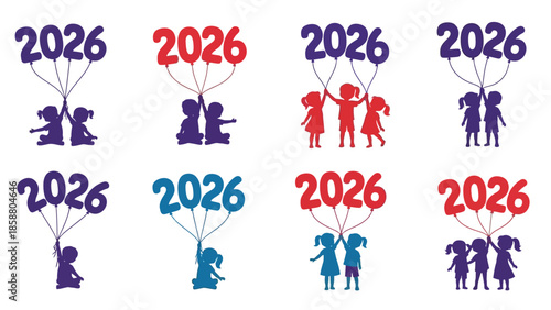 Celebratory design featuring silhouettes of people and the year 2026 with balloons