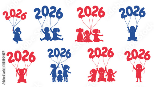 Silhouettes of children releasing balloons with the year 2026 displayed