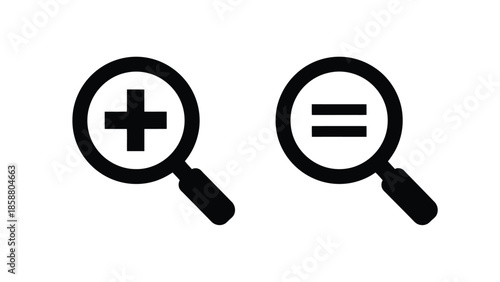 Two magnifying glasses displaying a plus and equals sign in black and white
