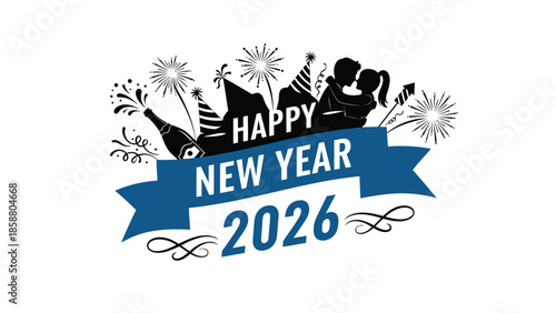 Celebratory new year design with couple silhouette fireworks and ribbon banner