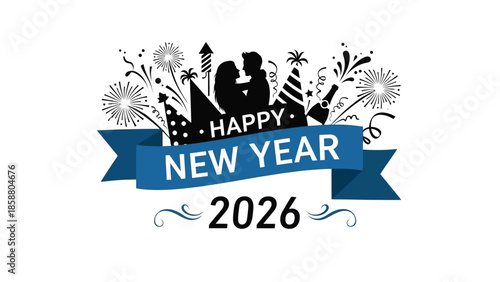 Celebrating new year 2026 a silhouette of a couple with festive decorations