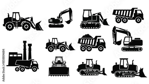 Collection of construction vehicles and machinery in a simple black and white style